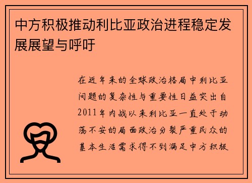 中方积极推动利比亚政治进程稳定发展展望与呼吁